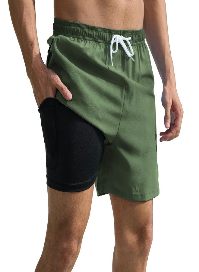 Srnede Mens Swim Trunks Swim Shorts Board Shorts Quick Dry Swimwear Bathing Suits with Compression Line Army Green - Image 1